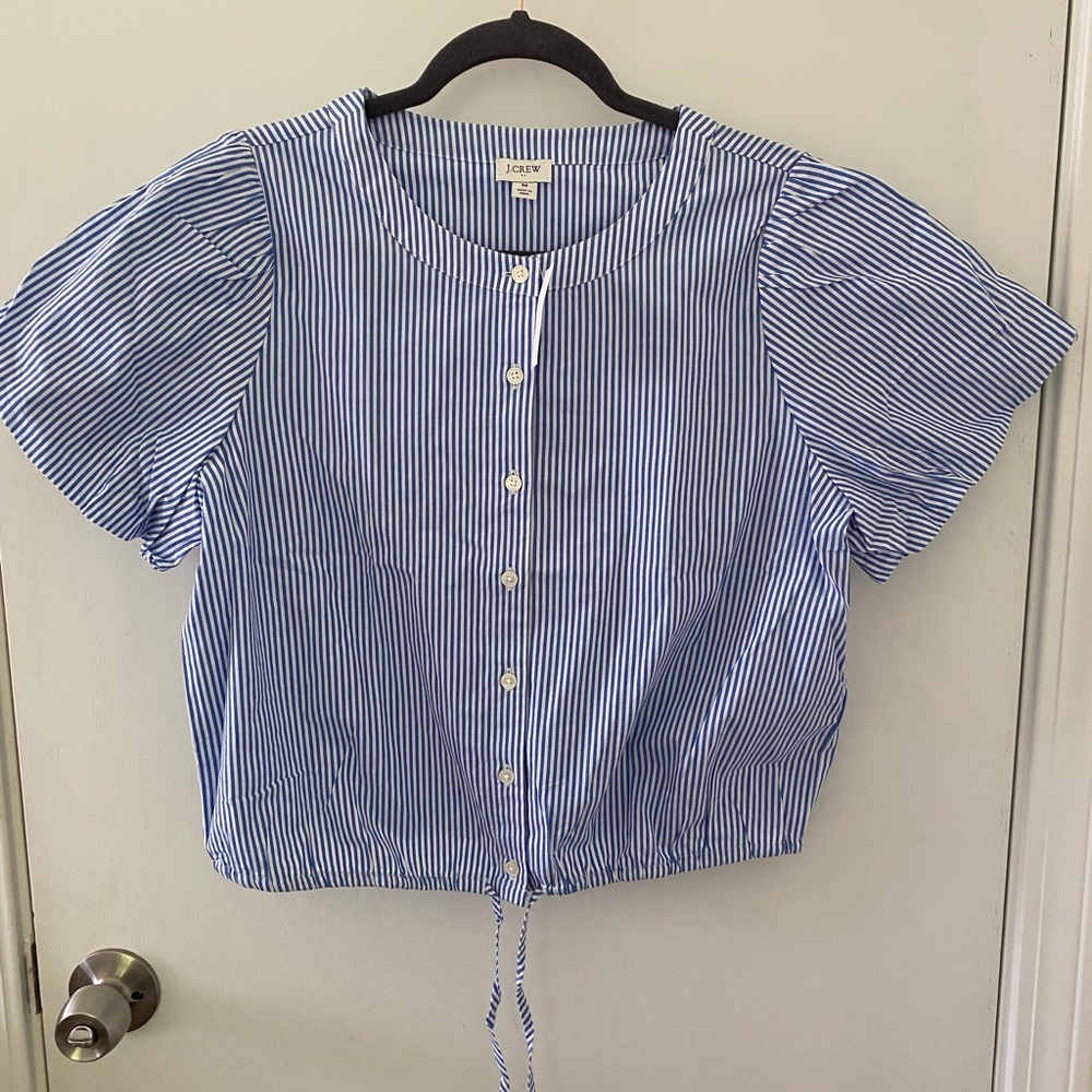 J. Crew Blue and White Puff Sleeve Blouse